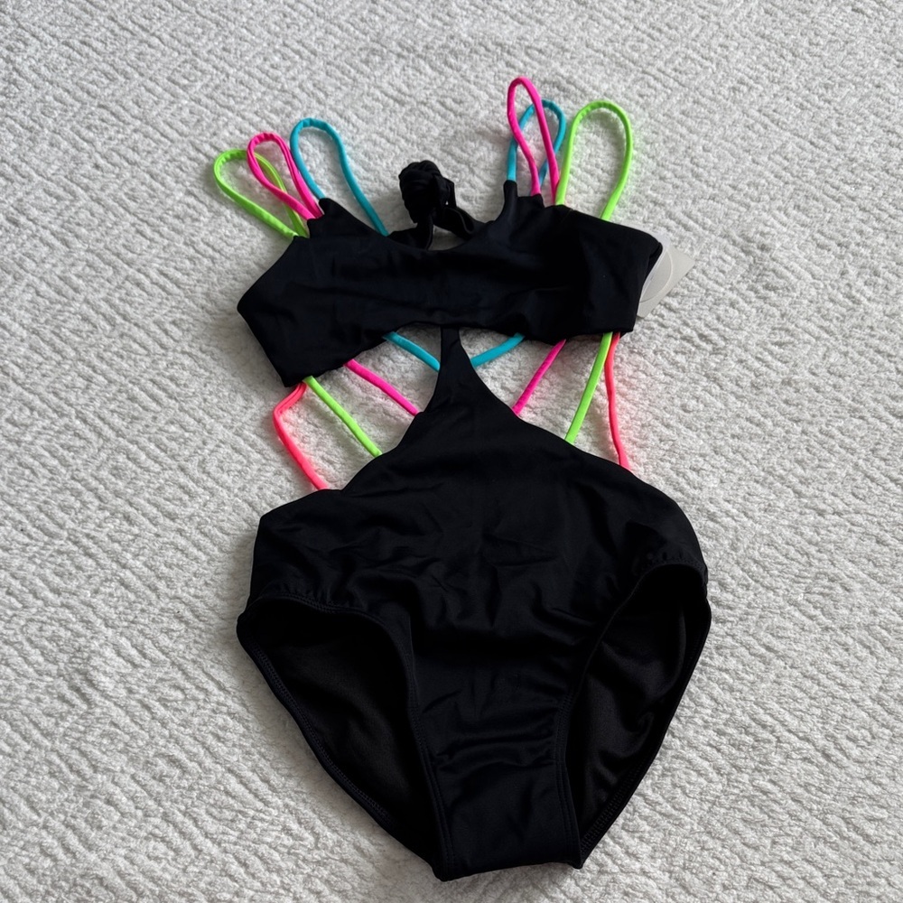 NWT Peixoto Kids Swim One Piece in Black with Neon Straps Sz 8